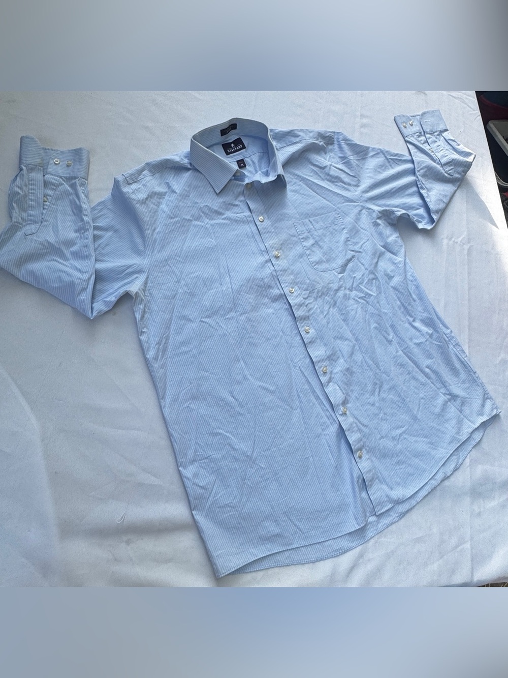 Stafford Preppy Classic work wear Light Blue Pinstripe Mens Dress Shirt 18 34/35